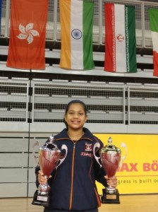  Diya Chitale with the two trophies that she won at the Croatia Junior and Cadet TT Open.