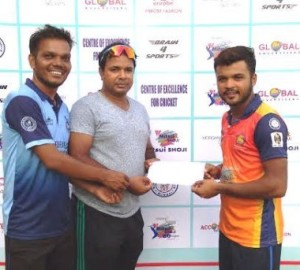 Hardik Tamore of Police Cityriders, who hit fastest century in the league receiving the man-of-the- match award from Mr Jwala Singh,the Director of the Mitsui Shoji T-20 Cricket League. Sandeep Shinde, official of the league, also in photo.