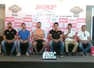 ( L-R) - Arjun Rao, Dean Mascarenhas,Gaurav Gill, Amittrajit Ghosh, Karna Kadur and Rahul Kanthraj during the press conference of Round 3 of the MRF FMSCI Indian National Rally Championship.
