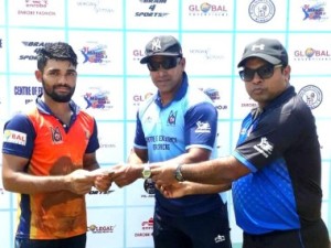 Omkar Jadhav, who top-scored for Mumbai Police Cityriders, receiving the Man-of-the-Match award from ....Srilankan ex- Test stalwart Chaminda Vaas and Jwala Singh, the Director of Mitsui Shoji T20 League..
