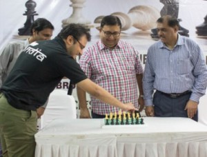 Sagar Shah, International Chess Player,  Ravindra Dongre, Chairman, MCA and Dr. Charudatta Jadhav, President of AICFB, Manjunath Murthy, Arbitor at the inauguration of the AICFB National A Chess Championship for the Blin
