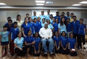 Mr. Arwind Prabhu( Centre) poses along with the gymnasts from PTKS after the announcement of the IGL Season -2