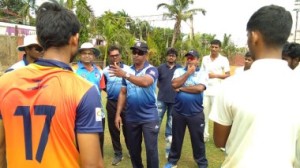 •Legendary  Sri Lankan pace bowler Chaminda Vaas giving pep talk to the trainees as well as the local coaches. Also seen in the picture is Jwala Singh, the director of Centre of Excellence for Cricket..
