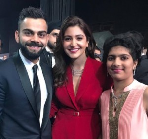 Swastika with Virat Kohli & Anushka Sharma after receiving VKF Scholarship